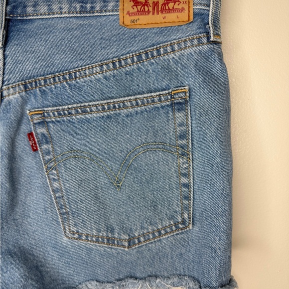 Levi's 501 Blue Distressed Jean Shorts - Picture 4 of 14